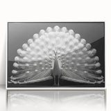 Framed wall art showcasing a vibrant peacock design in rich colors, set against a white background; ideal for adding elegance to any home decor.