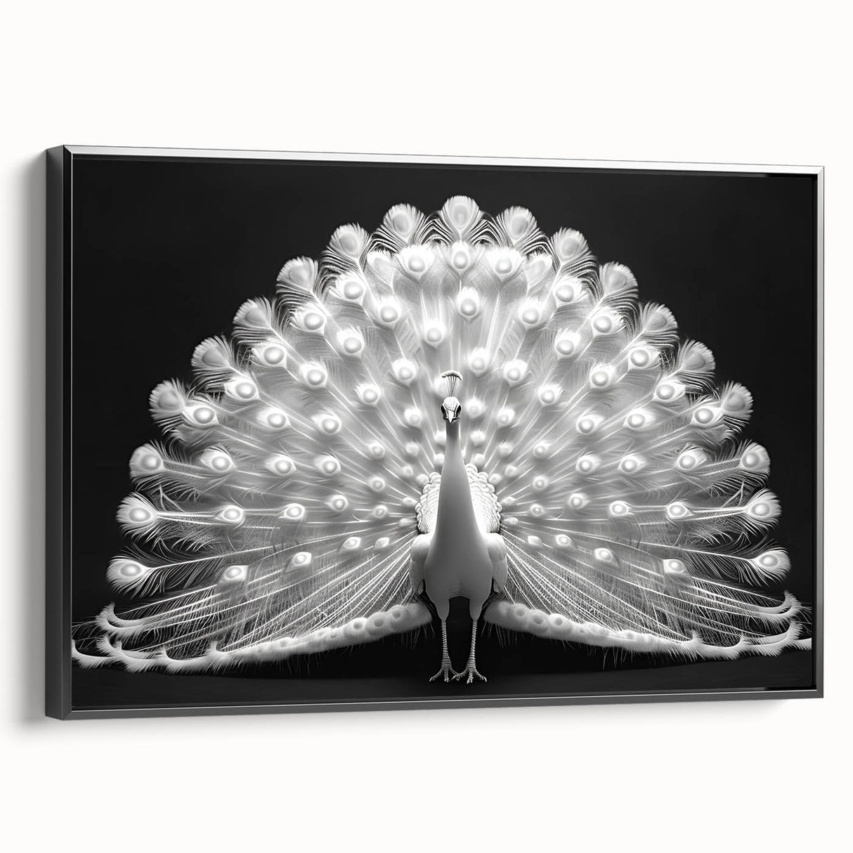 Framed wall art featuring an elegant peacock design in vibrant colors on a textured canvas, showcased from a black side view, ideal for home decor enhancement.