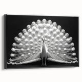 Framed wall art featuring an elegant peacock design in vibrant colors on a textured canvas, showcased from a black side view, ideal for home decor enhancement.