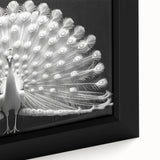Close-up of a vibrant peacock design on a framed canvas wall art piece, showcasing intricate details and rich colors, perfect for enhancing home decor.