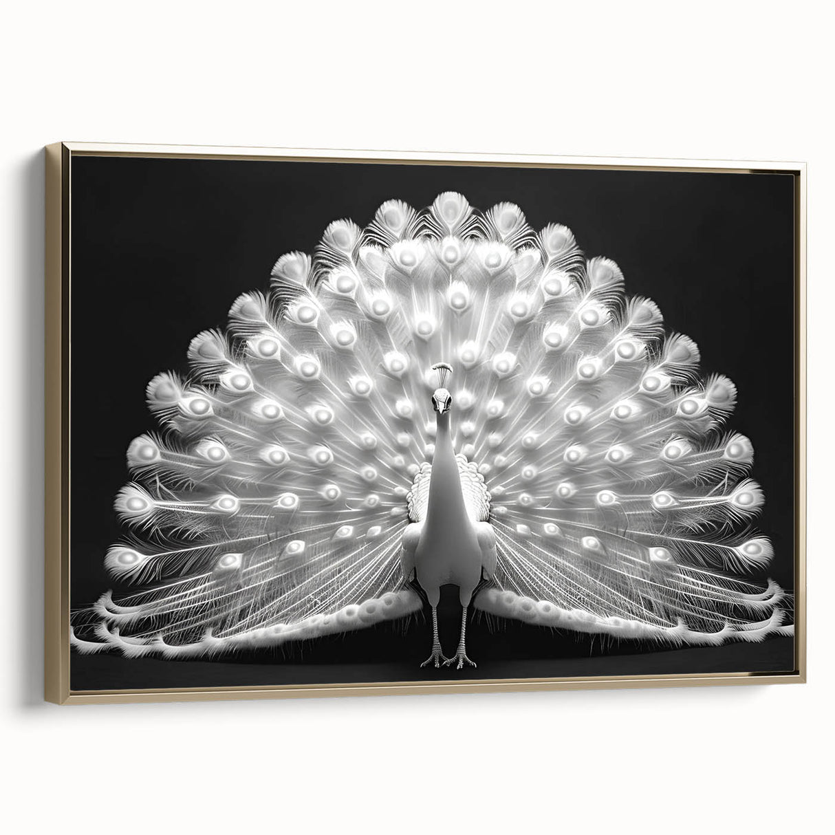 Framed wall art showcasing an elegant peacock design with vibrant colors and intricate details, set against a gold background, perfect for home decor.