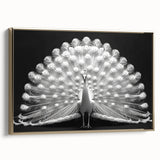 Framed wall art showcasing an elegant peacock design with vibrant colors and intricate details, set against a gold background, perfect for home decor.