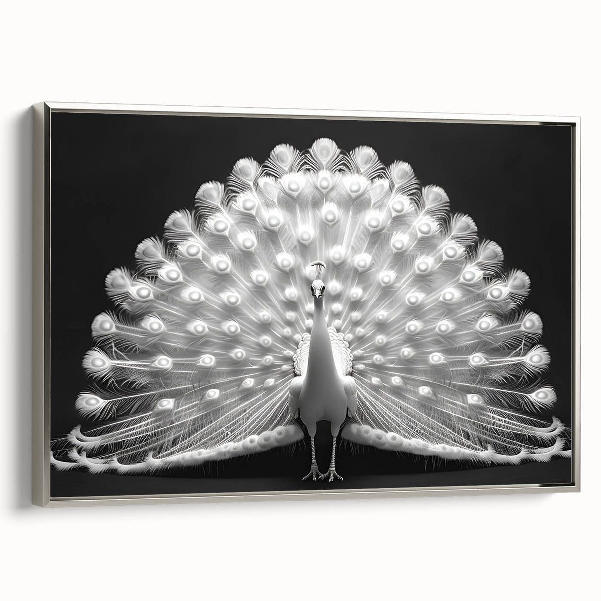 Framed canvas wall art showcasing a vibrant peacock design, featuring intricate details in shades of blue and green, displayed in a sleek silver frame, perfect for home decor.