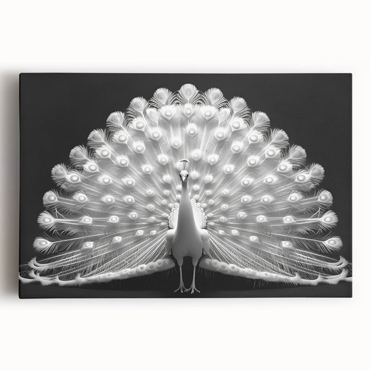 Vibrant peacock-themed wall art on stretched canvas, showcasing intricate feather details and rich colors, ideal for enhancing living spaces with a touch of elegance.