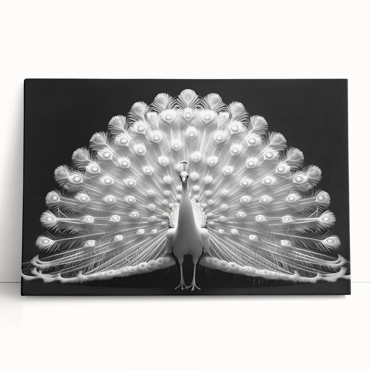 Stretched canvas wall art showcasing a vibrant peacock design with intricate feather details, perfect for adding elegance to any living space.