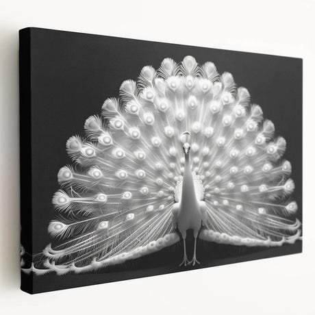 Vibrant peacock design wall art on stretched canvas, showcasing intricate feather details in shades of blue and green, perfect for adding elegance to home decor.