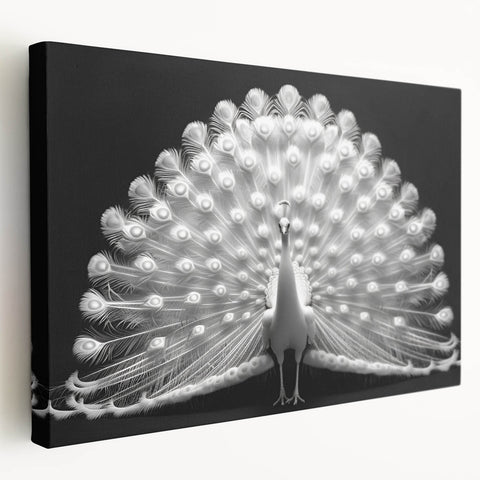 Vibrant peacock design wall art on stretched canvas, showcasing intricate feather details in shades of blue and green, perfect for adding elegance to home decor.