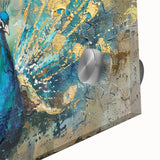 Close-up of a vibrant peacock design wall art piece, showcasing intricate details in acrylic and glass, perfect for contemporary home decor. The rich colors and textures highlight the elegance of the artwork, making it a stunning focal point for any room.