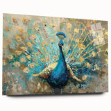 Vibrant wall art featuring a peacock design in acrylic glass, showcasing rich colors and intricate details, ideal for enhancing any modern decor.