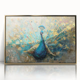 Framed wall art featuring a vibrant peacock design with intricate details, set in a gold frame, ideal for adding elegance to any interior decor.