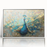 Framed wall art featuring a vibrant peacock design on acrylic, showcasing rich colors and intricate details, perfect for adding elegance to any modern decor.