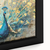 Close-up view of a framed canvas wall art featuring a vibrant peacock design with intricate detailing, perfect for adding elegance to any room decor.