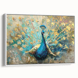 Framed wall art showcasing a vibrant peacock design on a textured canvas, displayed against a white backdrop, ideal for home decor and art enthusiasts.
