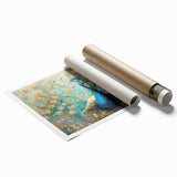 Vibrant peacock wall art print showcasing intricate feather details in rich blues and greens, elegantly rolled in a protective tube for easy display and shipping.