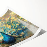 Vibrant peacock design wall art print featuring intricate feather details and rich colors, rolled and ready for stylish home decor enhancement. Perfect for art enthusiasts.