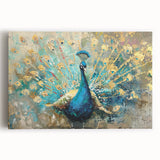 Vibrant peacock design wall art on stretched canvas, showcasing intricate feather details and rich colors, perfect for enhancing modern decor.