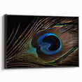 Framed canvas wall art featuring an intricate peacock design in vibrant colors, displayed in a sleek black frame, ideal for modern home decor.