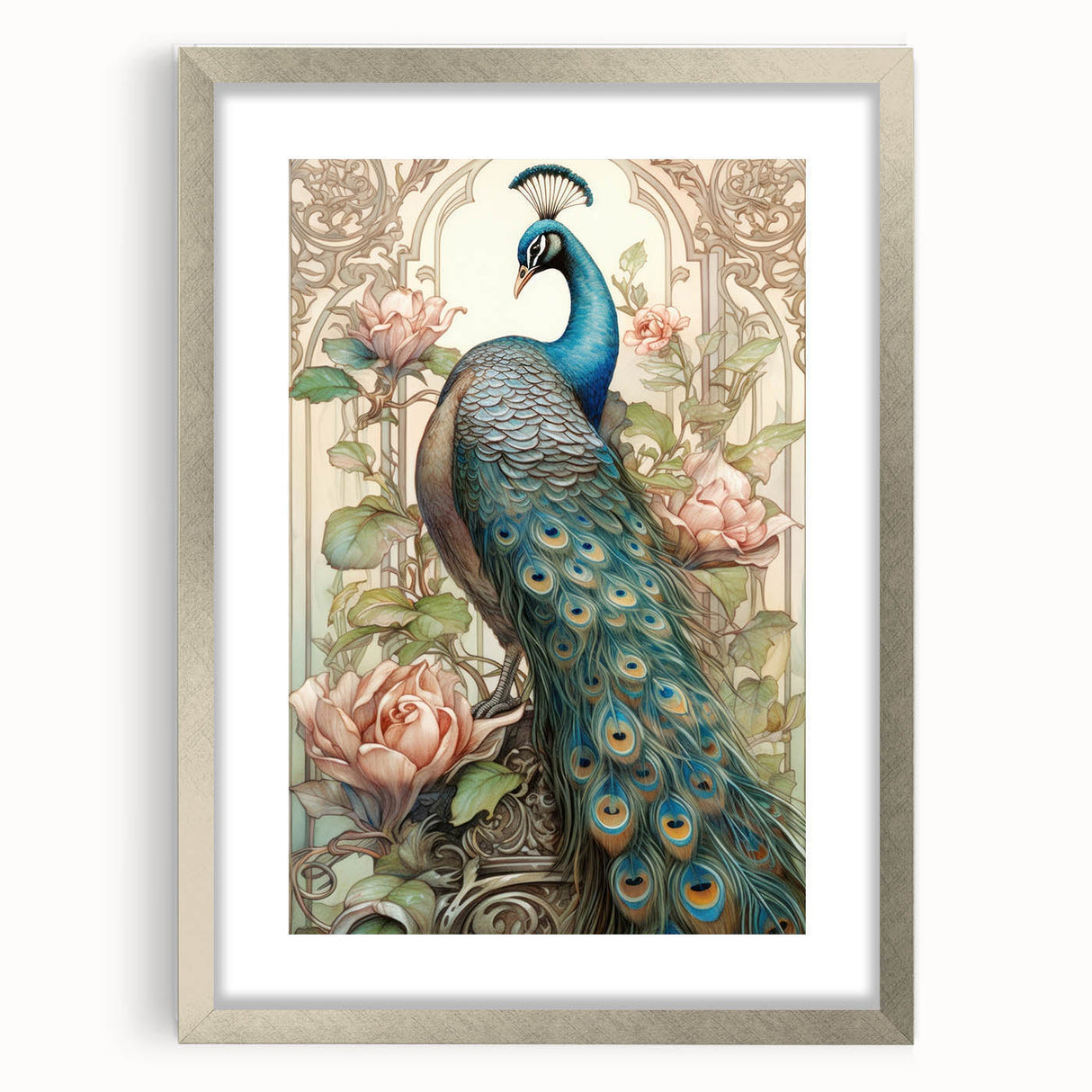 Elegant wall art featuring a peacock design in a silver frame, showcasing intricate details and vibrant colors, perfect for enhancing home decor and style.