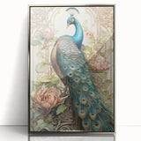Framed wall art featuring a vibrant peacock design with intricate details in silver and blue tones, ideal for enhancing home decor and adding elegance.