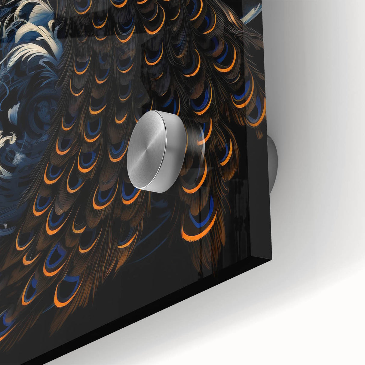 Close-up of a vibrant peacock design wall art piece made from acrylic glass, showcasing intricate details and rich colors, perfect for modern home decor.
