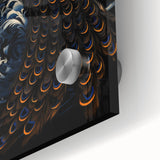Close-up of a vibrant peacock design wall art piece made from acrylic glass, showcasing intricate details and rich colors, perfect for modern home decor.