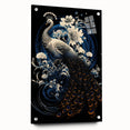 Vibrant peacock design wall art featuring acrylic glass with a side view display, showcasing intricate details and vivid colors, perfect for home decor.