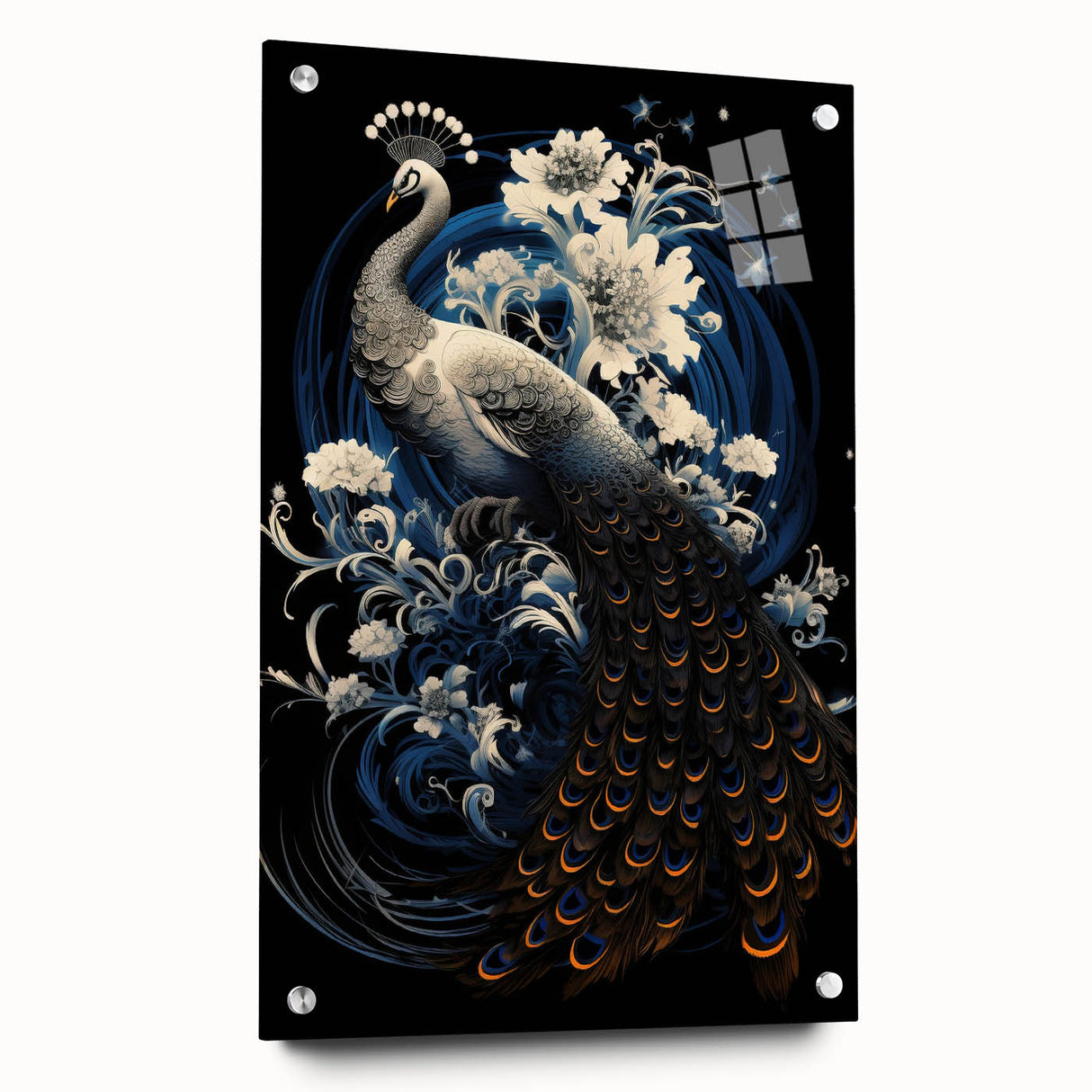 Vibrant peacock design wall art featuring acrylic glass with a side view display, showcasing intricate details and vivid colors, perfect for home decor.