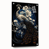 Vibrant peacock design wall art featuring acrylic glass with a side view display, showcasing intricate details and vivid colors, perfect for home decor.