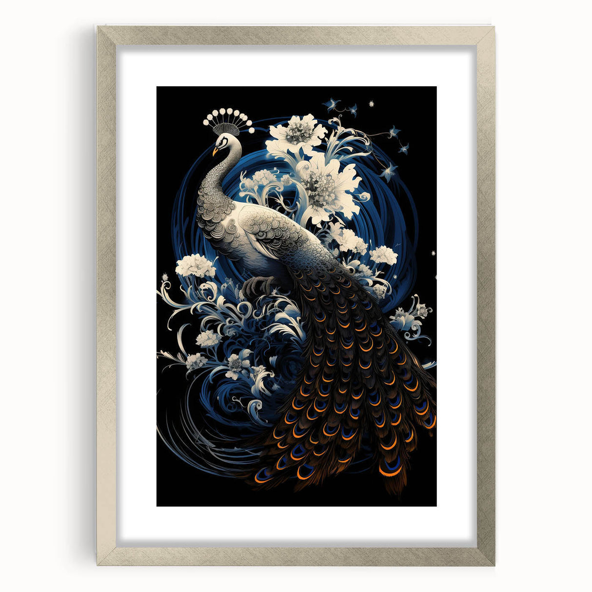 Elegant peacock-themed wall art in a silver frame, showcasing vibrant colors and intricate detailing, perfect for enhancing home decor and artistic expression.