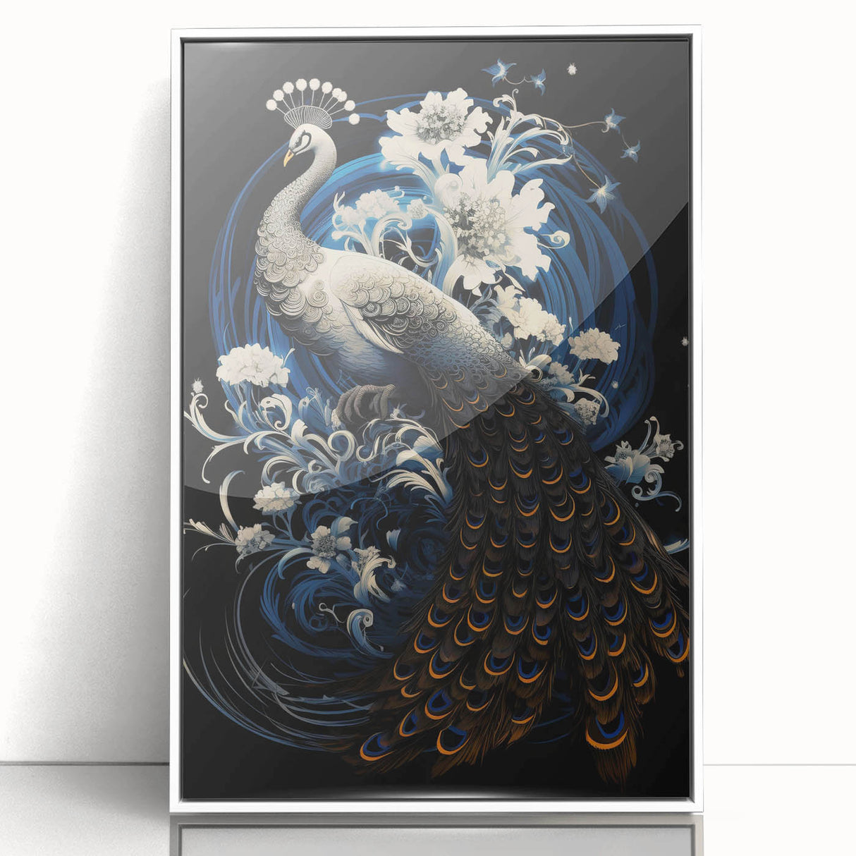 Framed wall art featuring a vibrant peacock design on acrylic, showcasing intricate details and rich colors, perfect for enhancing modern home decor.
