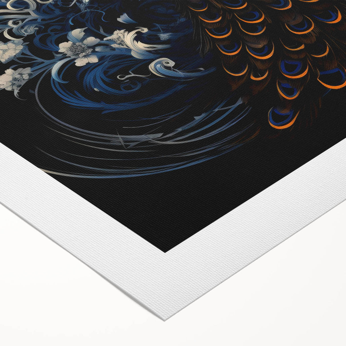 Vibrant rolled canvas showcasing an intricate peacock design in rich colors, perfect for adding a touch of elegance to any space. Ideal for wall decor enthusiasts.
