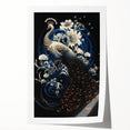 Vibrant peacock wall art print featuring intricate designs and rich colors, ideal for home decor. This rolled artwork showcases a stunning blend of blues and greens, adding elegance to any space. Perfect for art enthusiasts and modern interior design.