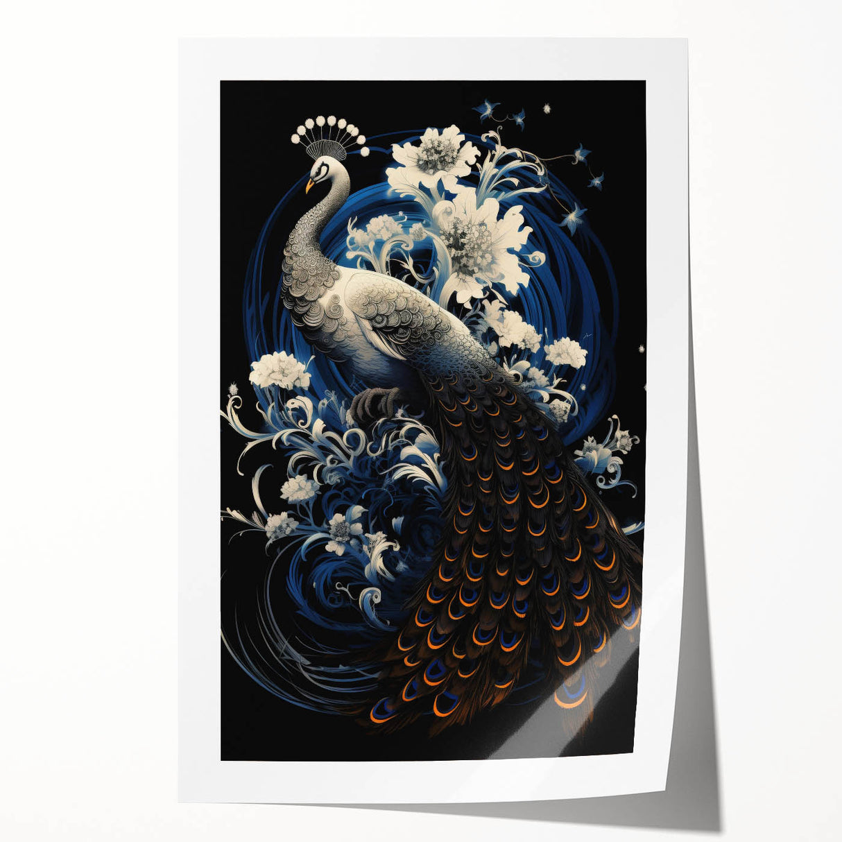 Vibrant peacock wall art print featuring intricate designs and rich colors, ideal for home decor. This rolled artwork showcases a stunning blend of blues and greens, adding elegance to any space. Perfect for art enthusiasts and modern interior design.