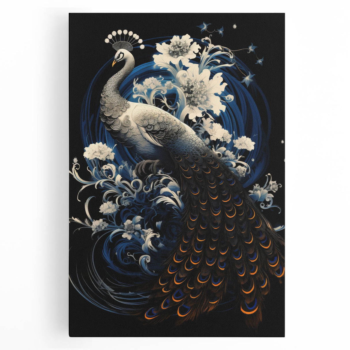 Stretched canvas wall art featuring a vibrant peacock design in rich colors, perfect for adding an elegant touch to home decor. Ideal for bird lovers and art enthusiasts.