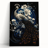 Vibrant stretched canvas wall art featuring a peacock design in rich colors, ideal for adding a touch of elegance to home decor. Perfect for nature enthusiasts.