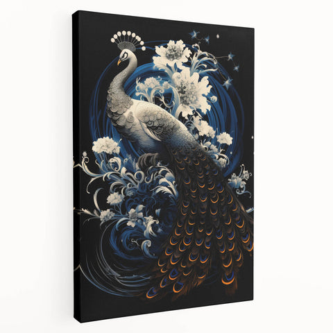 Stretched canvas wall art showcasing a vibrant peacock design in rich blues and greens, perfect for adding elegance to modern home decor.