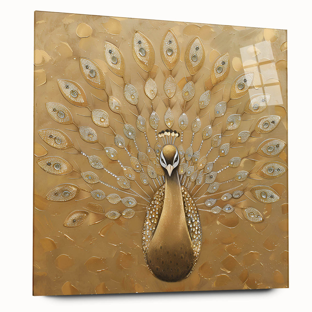 Colorful peacock wall art design displayed in an acrylic glass frame, showcasing intricate feather details and vibrant hues against a modern backdrop.