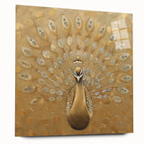 Colorful peacock wall art design displayed in an acrylic glass frame, showcasing intricate feather details and vibrant hues against a modern backdrop.