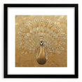 Framed wall art showcasing an elegant peacock design in vibrant colors, featuring a black frame and mat, perfect for enhancing home decor.