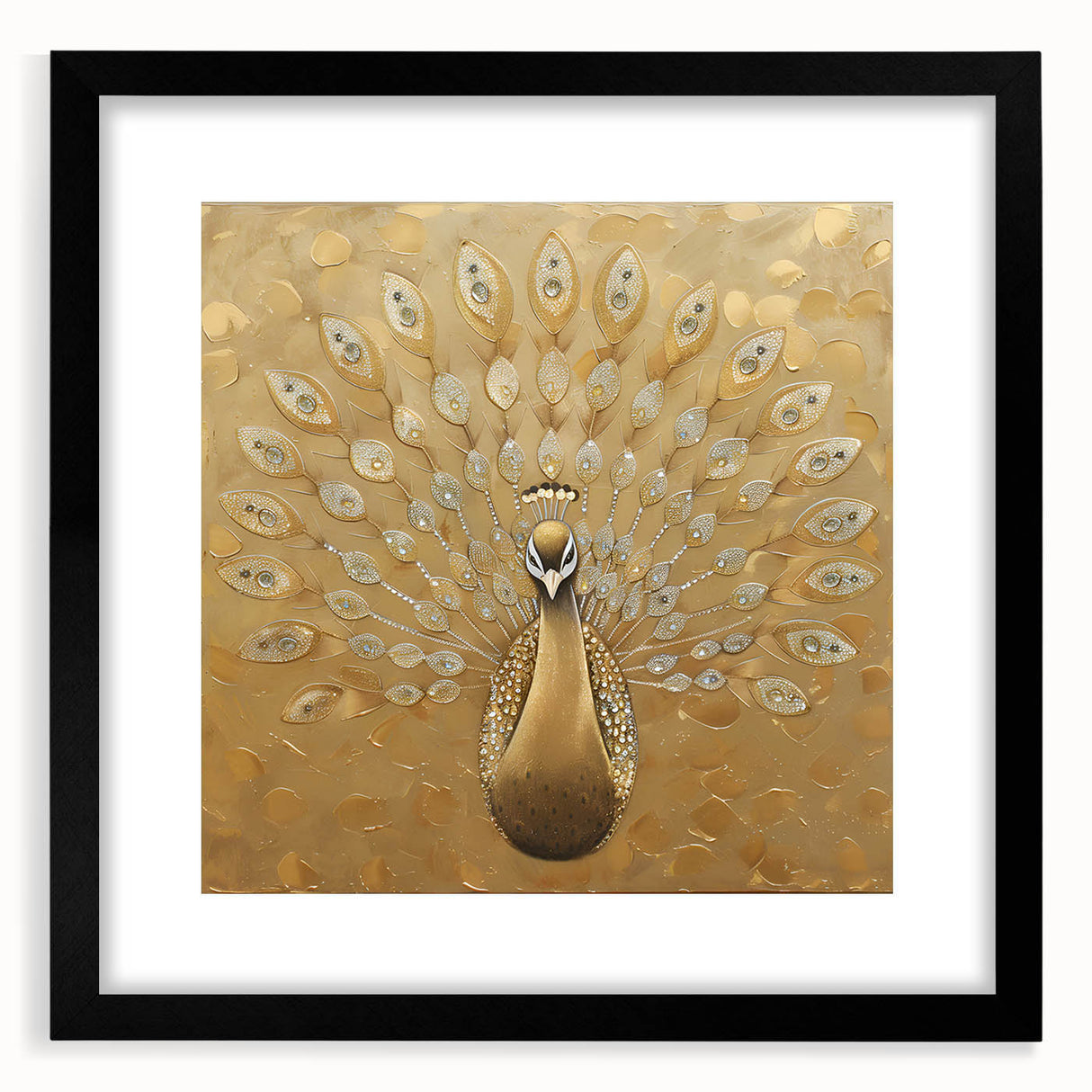 Framed wall art showcasing an elegant peacock design in vibrant colors, featuring a black frame and mat, perfect for enhancing home decor.