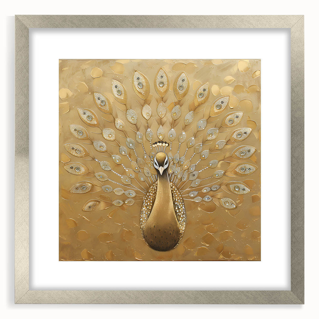 Elegant peacock design wall art framed with a silver mat, showcasing vibrant colors and intricate details, perfect for enhancing home decor with a touch of luxury.