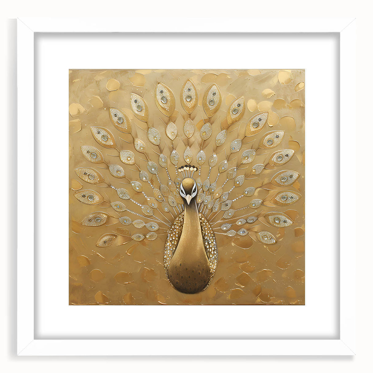 Peacock design wall art framed in white, showcasing vibrant blue and green feathers with intricate details, perfect for home décor or gallery display.