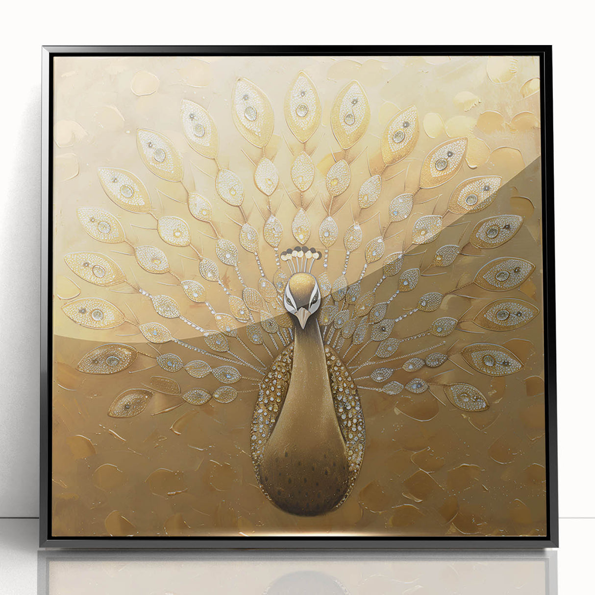 Framed wall art showcasing a vibrant peacock design in rich colors, set against a sleek black background, ideal for enhancing modern home decor aesthetics.