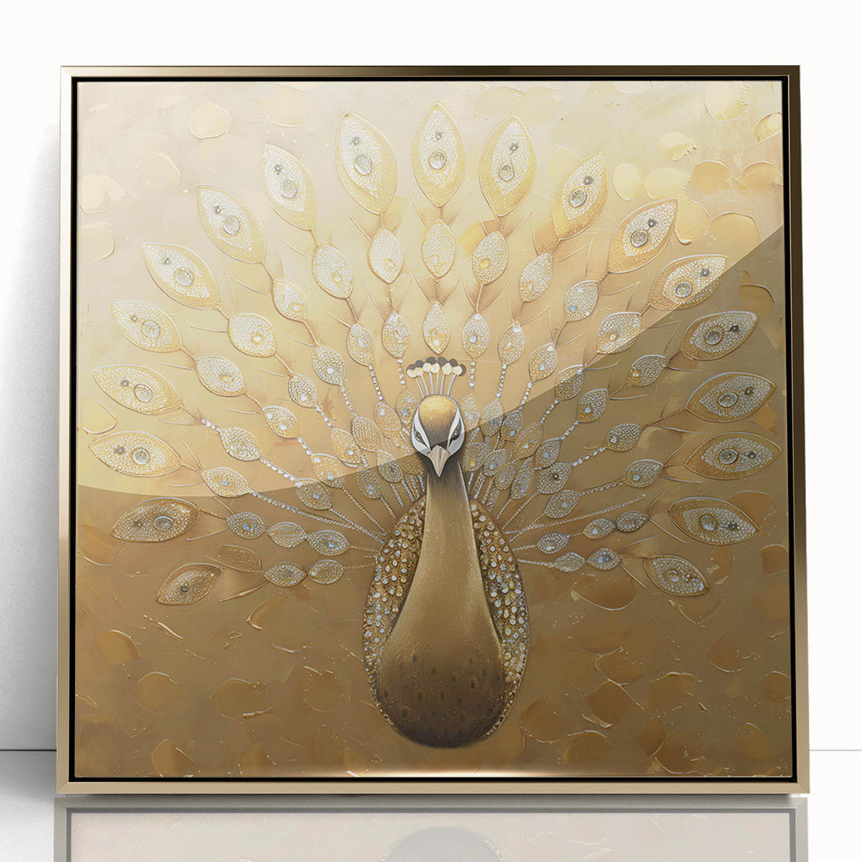Framed acrylic wall art featuring an elegant peacock design with vibrant colors and gold accents, perfect for adding a touch of sophistication to any room.