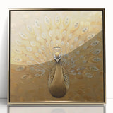 Framed acrylic wall art featuring an elegant peacock design with vibrant colors and gold accents, perfect for adding a touch of sophistication to any room.