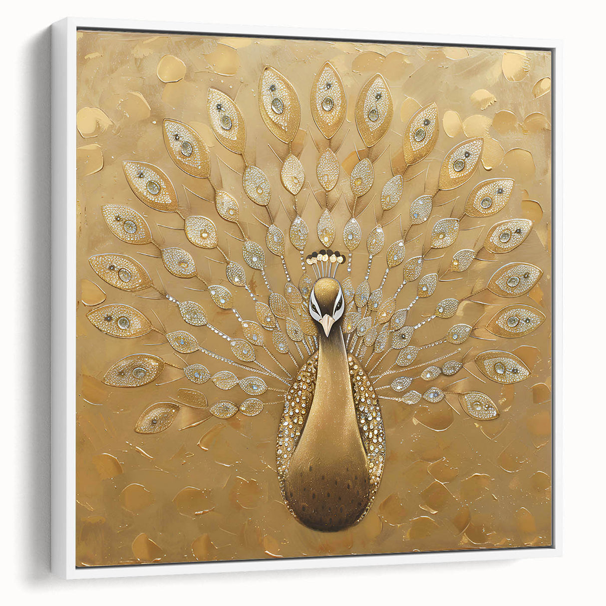 Framed canvas wall art featuring a vibrant peacock design in rich colors, showcased from a side view against a white background, perfect for modern decor.