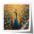 Vibrant peacock-themed wall art print showcasing intricate feather details in rich blues and greens, perfect for adding elegance to home decor.