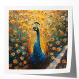 Vibrant peacock-themed wall art print showcasing intricate feather details in rich blues and greens, perfect for adding elegance to home decor.