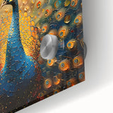 Close-up of an elegant peacock design wall art piece, featuring vibrant colors and intricate details, perfect for adding a touch of sophistication to any decor.