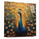 Side view of a vibrant peacock design wall art collection in acrylic glass, showcasing intricate details and rich colors, ideal for modern home decor.
